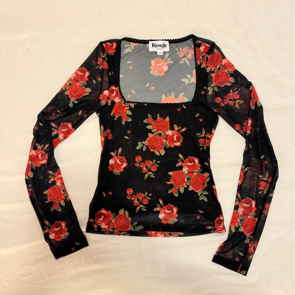 Rouje Rose Pattern Black Mesh Long-Sleeve Top, S/Fr36/US-0/2